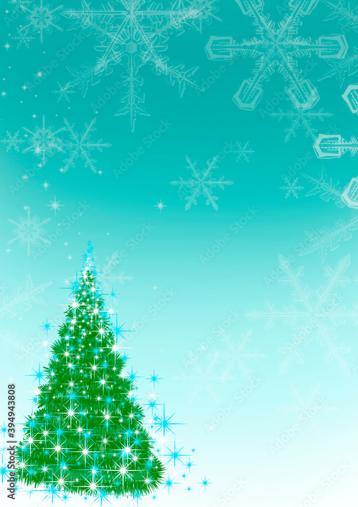 Green and blue background for creating a Christmas card with a tree, snowflakes and stars Green and blue background for creating a Christmas card with a tree, snowflakes and stars