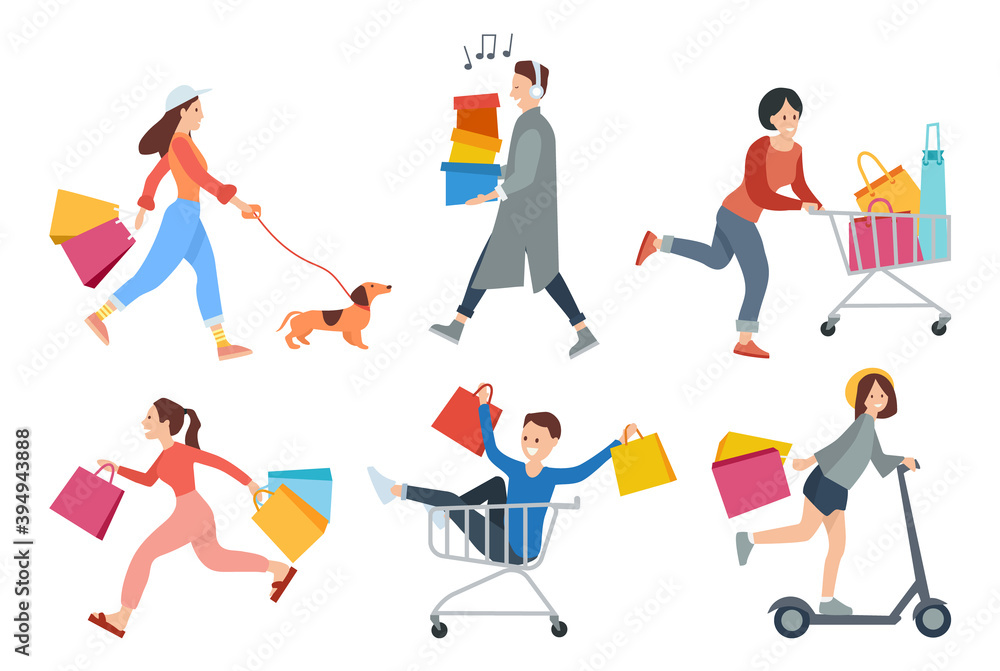 Set of illustrations on the theme of shopping and people with purchases. Characters walking from the store with packages in their hands. Shoppers with a shopping trolley. Man in headphones goes home Set of illustrations on the theme of shopping and people with purchases. Characters walking from the store with packages in their hands. Shoppers with a shopping trolley. Man in headphones goes home