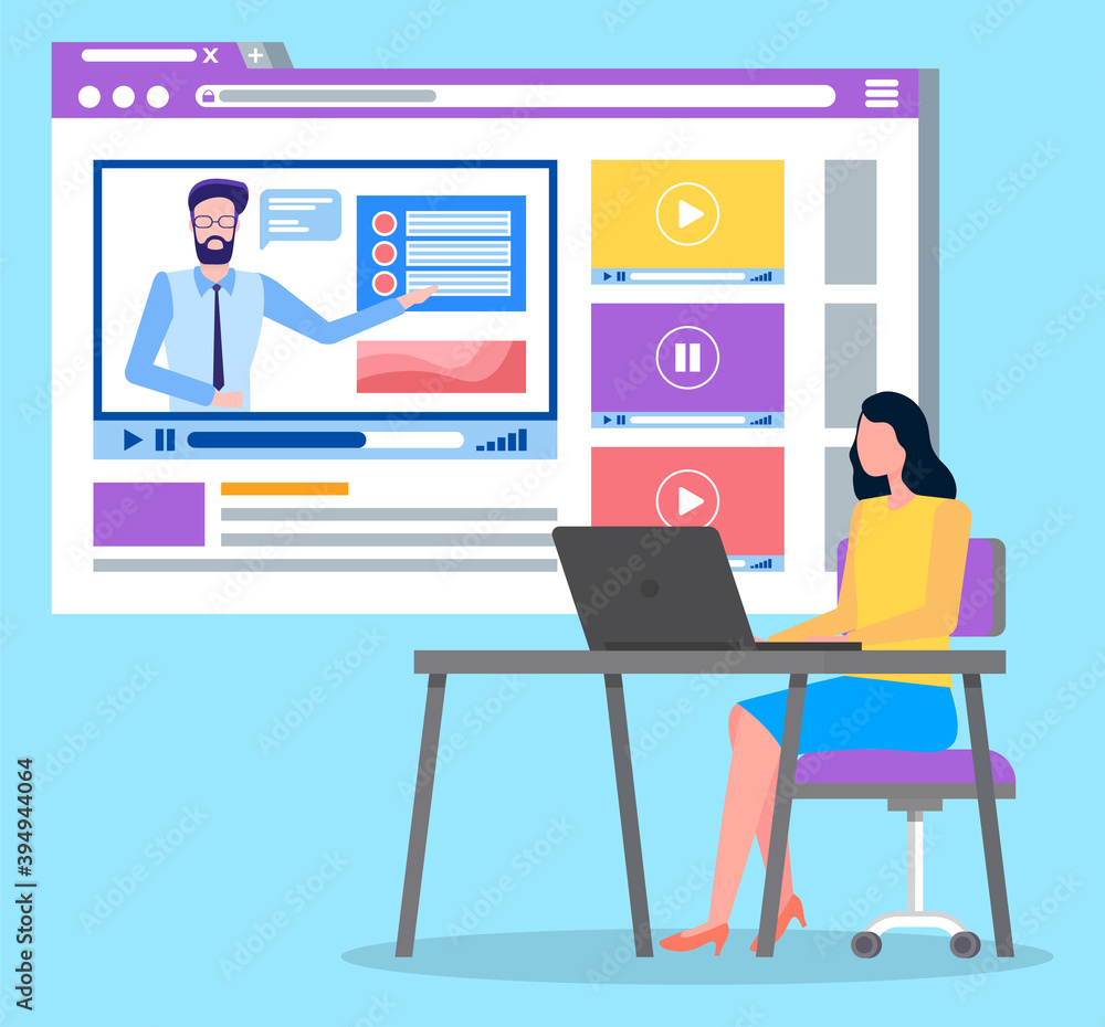 Videoplayer in social network, woman sitting at table analysing video at website using laptop, watching online webinar, business training, live streaming, using internet, worker monitor competitors Videoplayer in social network, woman sitting at table analysing video at website using laptop, watching online webinar, business training, live streaming, using internet, worker monitor competitors