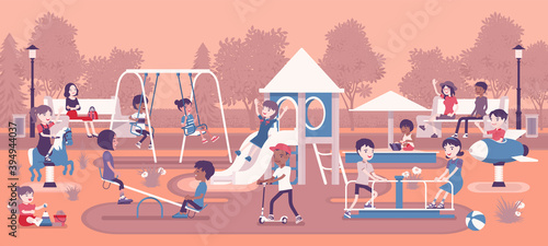 Happy kids playing in playground, leisure outside. Excited boys and girls, active children share fun with friends, outdoor bright park equipment for recreation. Vector creative stylized illustration