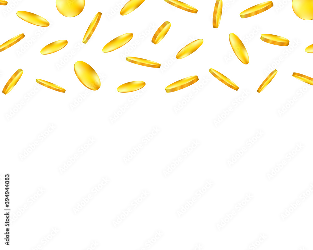 Fototapeta premium Golden coins tumbling down against on a white isolated background. Business design for advertising materials, to illustrate prizes and income. Vector illustration.