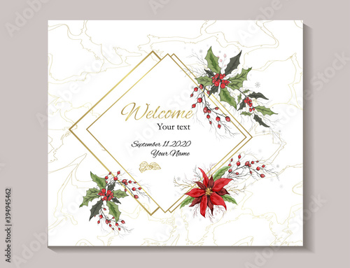 banner of winter flowers (poinsettia, white mistletoe, Holly) isolated on a white background. realistic hand-drawn compositions of bouquets. gold ornaments. for  cards, posters. Vintage style