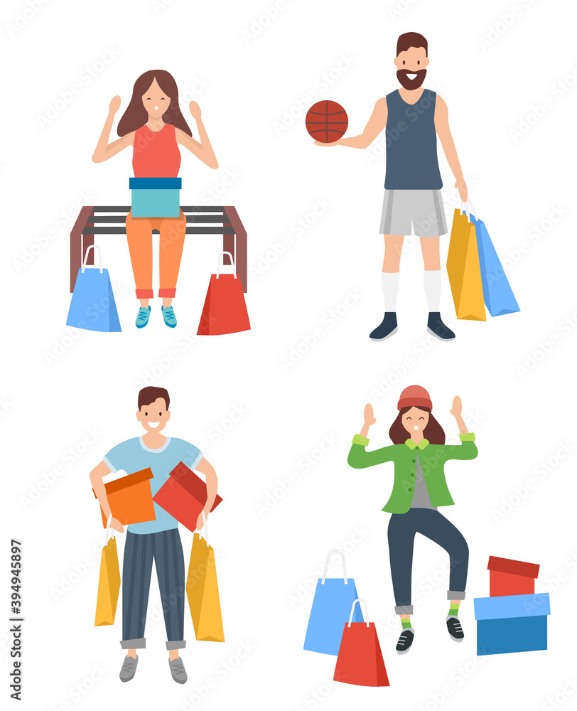 Set of illustrations with people with purchases and pastime outdoors. Buyers with colorful boxes. Male character is going to play basketball. Woman is dancing. Man listening to music during the walk Set of illustrations with people with purchases and pastime outdoors. Buyers with colorful boxes. Male character is going to play basketball. Woman is dancing. Man listening to music during the walk