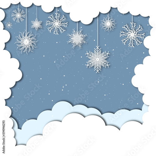 Fototapeta Naklejka Na Ścianę i Meble -  winter background, snowflakes in paper style and cloud frame
