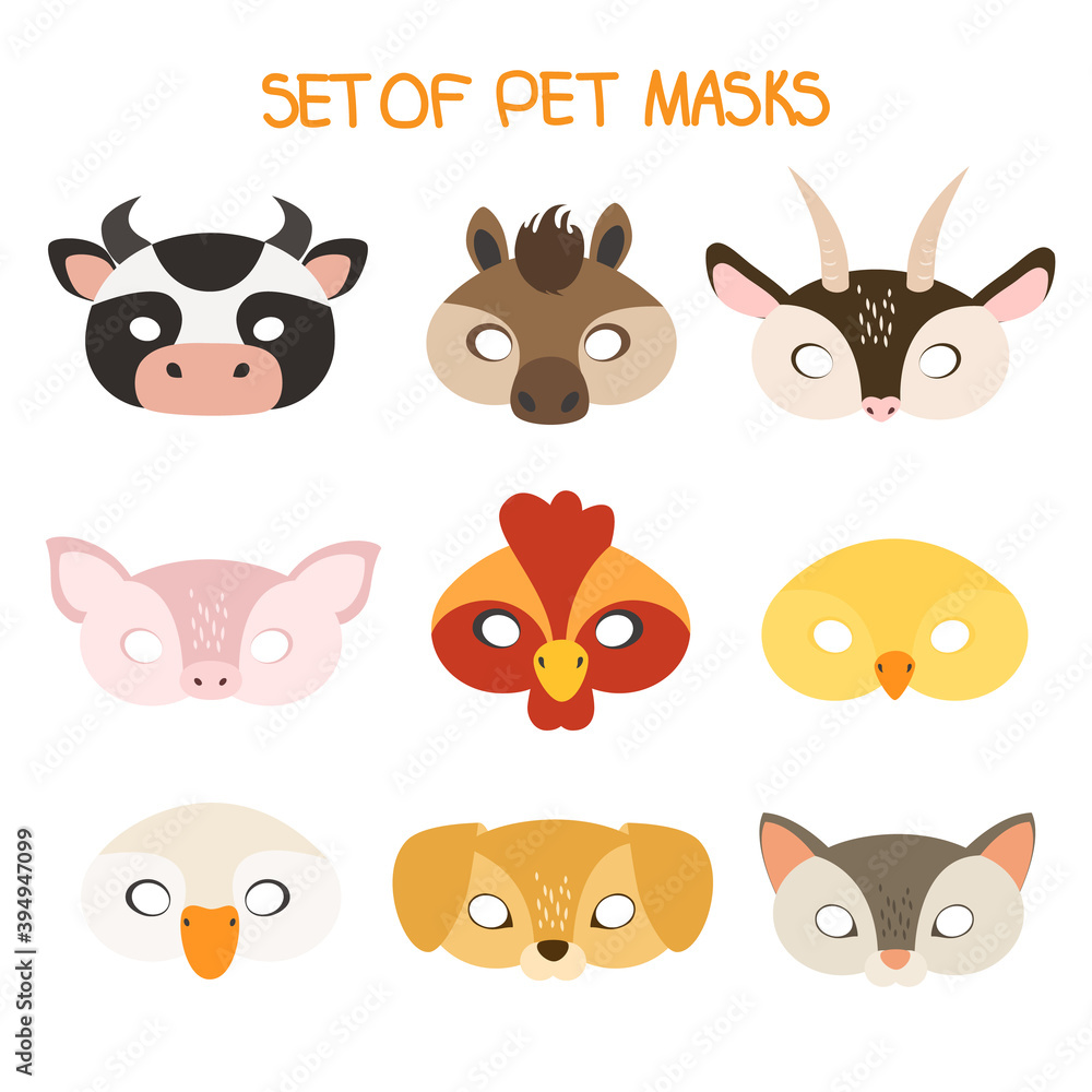 illustration set of carnival masks of pets: cow, horse, goat, pig, rooster, chicken, goose, dog, cat. for children's parties, masquerades, halloween new year christmas. for design decoration vector illustration set of carnival masks of pets: cow, horse, goat, pig, rooster, chicken, goose, dog, cat. for children's parties, masquerades, halloween new year christmas. for design decoration vector