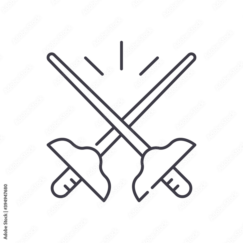 Fencing sport icon, linear isolated illustration, thin line vector, web design sign, outline concept symbol with editable stroke on white background. Fencing sport icon, linear isolated illustration, thin line vector, web design sign, outline concept symbol with editable stroke on white background.