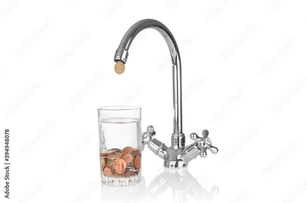 Euro coin flowing into glass from a tap on white background Euro coin flowing into glass from a tap on white background