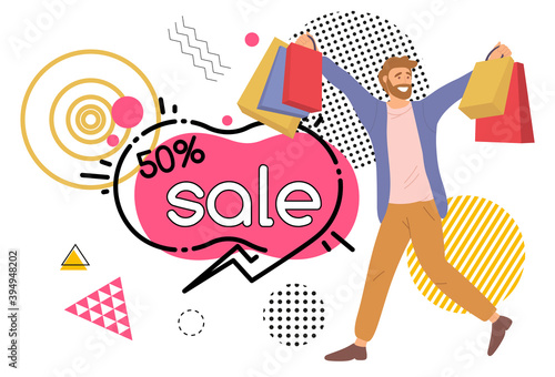 Fifty percent discount announcement in the store. Man with shopping bags in his hands is smiling happily. Young handsome fashion shopper guy picks up multi-colored packages. Sale advertising concept