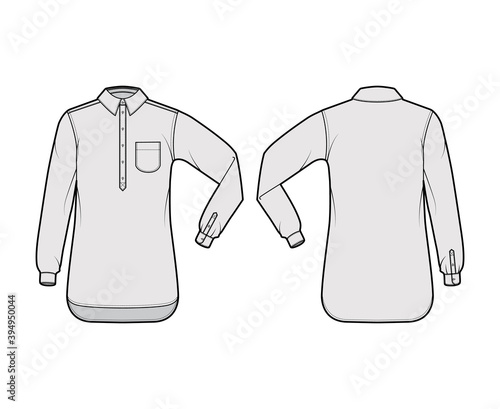 Shirt pullover technical fashion illustration with rounded pocket, elbow fold long sleeve, oversized, half placket button down. Flat template front, back, grey color. Women men top CAD mockup