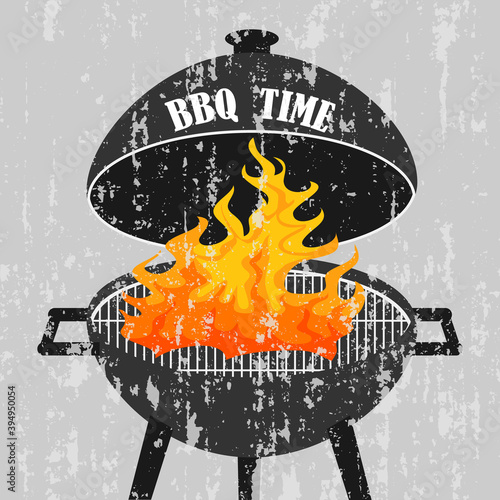 Vintage poster of BBQ grill with fire. BBQ time. Vector, cartoon illustration. Vector.