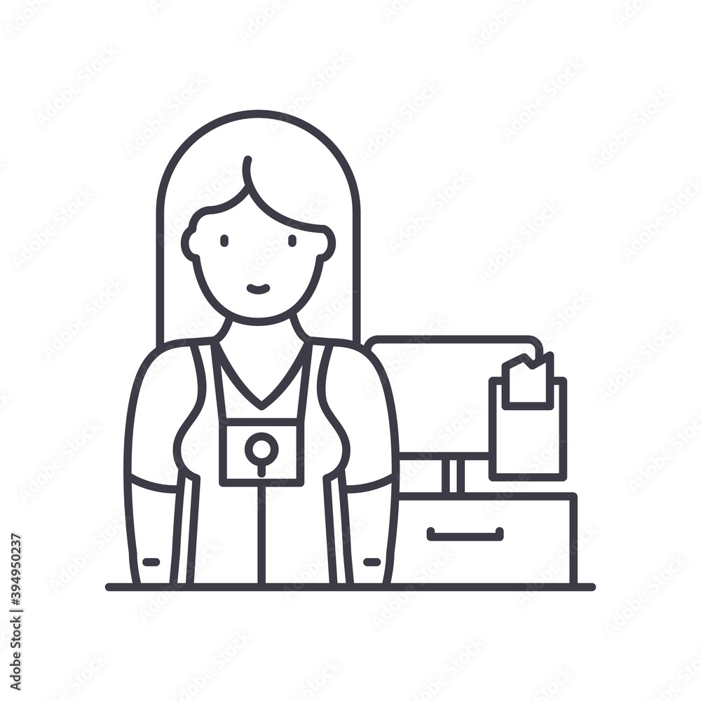 Female cashier icon, linear isolated illustration, thin line vector, web design sign, outline concept symbol with editable stroke on white background. Female cashier icon, linear isolated illustration, thin line vector, web design sign, outline concept symbol with editable stroke on white background.
