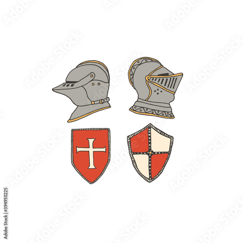Medieval knight helmets and shields. Coat of arms heraldic equipment. Crusaders templar armour vector illustration in line art style. Chivalry concept