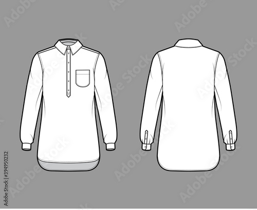 Shirt pullover technical fashion illustration with rounded pocket, long sleeves, relax fit, half placket button down, regular collar. Flat template front, back white color. Women men top CAD mockup