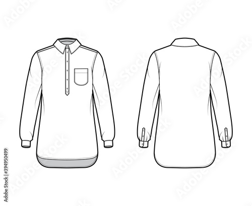 Shirt pullover technical fashion illustration with rounded pocket, long sleeves, relax fit, half placket button down, regular collar. Flat template front, back white color. Women men top CAD mockup