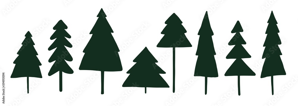 Obraz premium Set of hand drawn simple Christmas trees. New Year decor design elements. Cute forest.