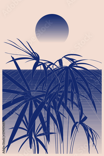 Aesthetic future-classic tropical plants on minimal perspective grid plane background and sunset, mono blue and light biege colour, nostalgic feelings