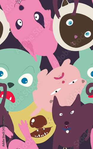 Seamless pattern of animals characters, hilarious face expression in sweet pastel colour design