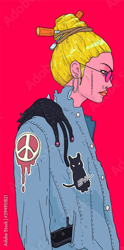 Aggressive girl character design for poster decoration, fierce / teenage woman feelings, colorful flat style