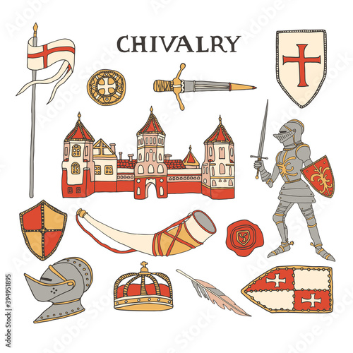 Medieval castle and knight in armor suit. Chivalry and crusade set of elements including helmet, crown, templar shields, wax seal and hunting horn. Knighthood vector illustration with lettering