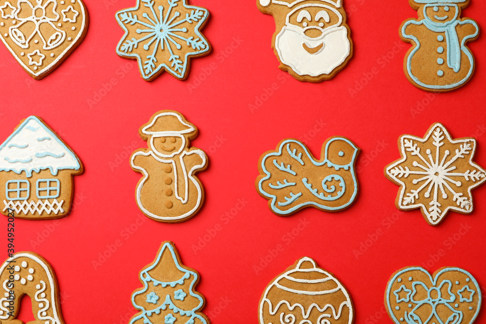 Flat lay with tasty Christmas cookie on red background Flat lay with tasty Christmas cookie on red background