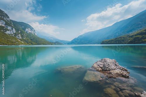 Molveno lake in mountains, summer in Italy