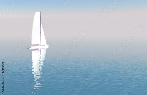 White Sailboat at Sea with Reflection. Soft Tone 3D Illustration with Copy-Space. © Виктор Рак