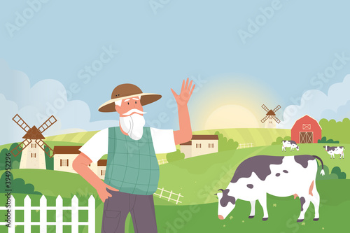 Farmer in farmland village landscape vector illustration. Cartoon elderly villager man character standing next to windmill, house or barn and countryside agriculture green field with cows background