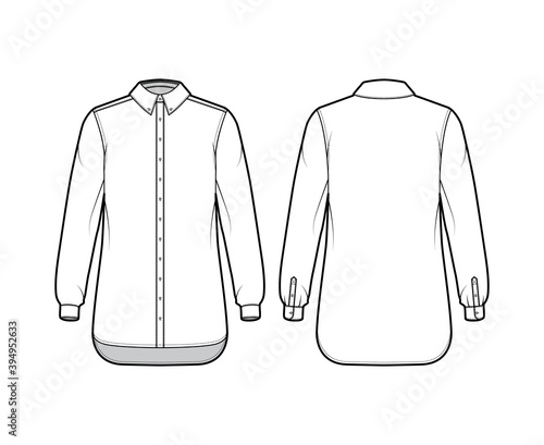 Classic shirt technical fashion illustration with long sleeves, relax fit, front button-fastening, regular collar. Flat apparel template front, back white, color. Women men unisex top CAD mockup