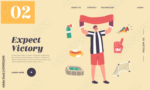 Man Watching Tournament. Sport Spare Time .Landing Page Template. Male Character Football Fan Wearing Cheering