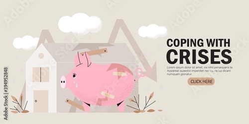 Family budget or capital crises. Vector illustration of piggy bank, falling stat arrow and ruined household. Economic crises impact on real estate market. Coping with unstable financial situatiation. photo