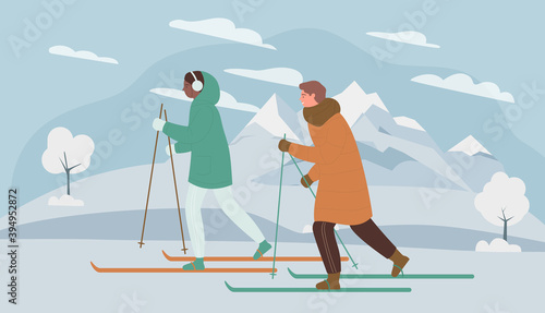 Winter ski sport people vector illustration. Cartoon man woman couple skier characters skiing ride in mountain snow nature landscape, healthy family holiday activity, wintertime vacation background