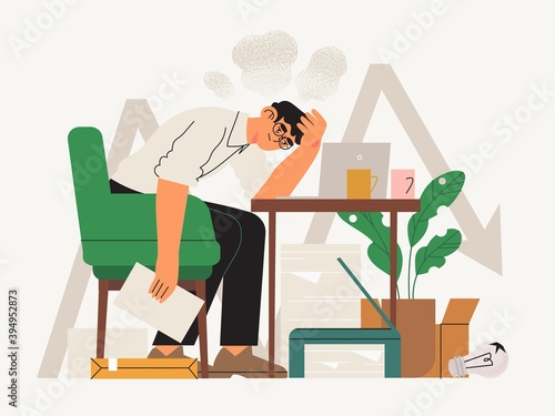 Exhausted male character or office, freelance worker during covid19 crises fighting for his busines. Small business owner, self employed, private entrepreneur facing difficulties or problems. Burnout.
