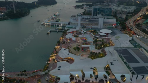 twilight illuminated singapore famous city mall sentosa traffic road aerial topdown panorama 4k  photo