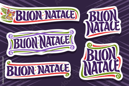 Vector set for Merry Christmas in Italian language  5 cut paper logos with italian text - buon natale  merry christmas   decorative flourishes  golden bell and spruce branches on purple background.