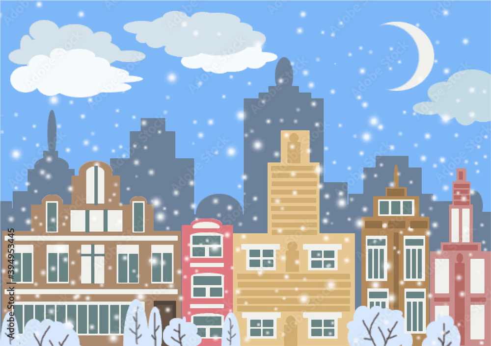 Winter landscape. Card. Evening. Drawn houses in pastel colors, trees in the snow, stars in the sky, a moon and clouds, it is snowing. Stock vector illustration.