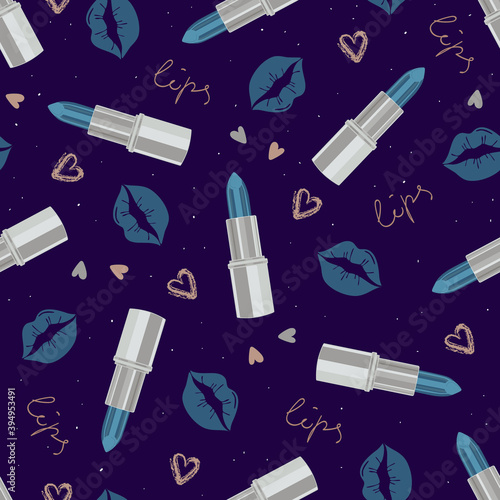 Glamorous fashion seamless pattern with lipstick and kisses in cool silver tones. Cosmetic seamless pattern in modern fashionable colors. Design for beauty, advertising, Valentine's Day. Vector