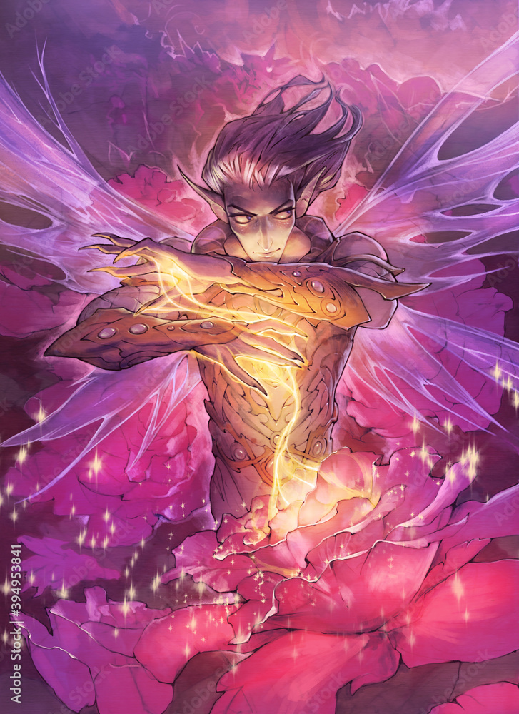 Fototapeta premium Original hand drawn fantasy illustration of a handsome male fairy character with a magic rose
