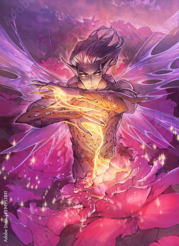 Original hand drawn fantasy illustration of a handsome male fairy character with a magic rose