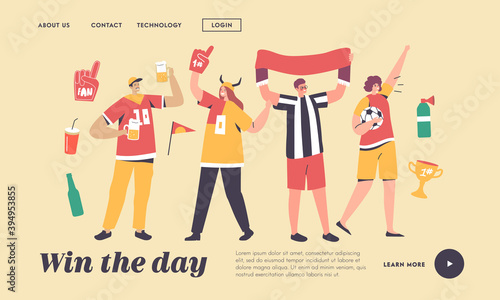 Friends Having Fun on Sport World Championship Landing Page Template. Young Football Supporter Fans Characters Cheering