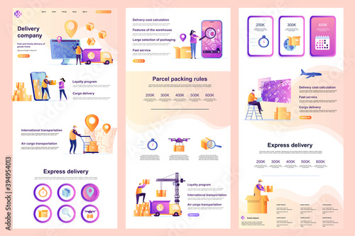 Delivery company flat landing page. Warehousing, logistics and distribution corporate website design. Web template with header, middle content and footer. Vector illustration with people characters.