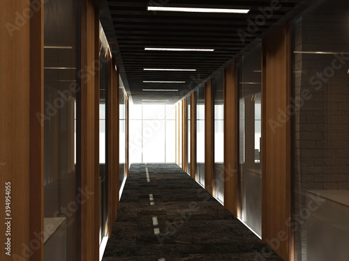 Interior 3D render perspective of an office corridor with a wide window in the deep end. Glass partitions with sash wooden doors  metal suspended ceiling and marble floor finishing. 