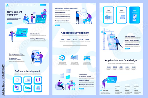 Development company flat landing page. Software engineering, application development corporate website design. Web banner template with header, middle content, footer. Vector illustration with people. photo