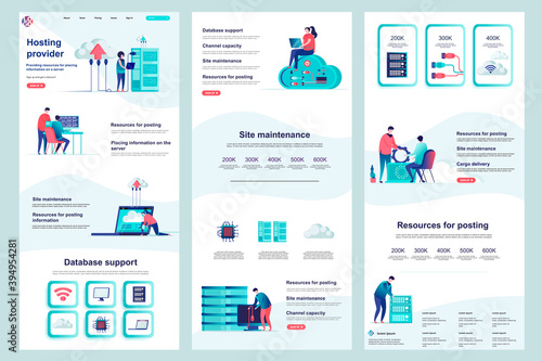 Hosting provider flat landing page. Database support, cloud data center corporate website design. Web banner template with header, middle content, footer. Vector illustration with people characters.