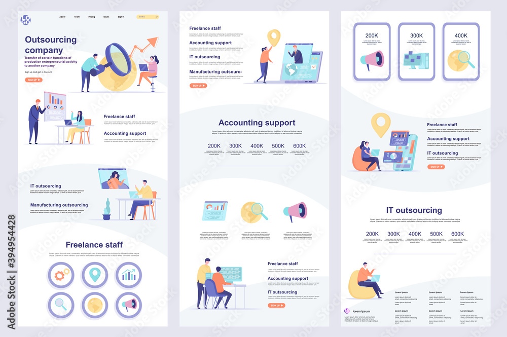 Outsourcing company flat landing page. IT outsourcing, freelancers recruitment corporate website design. Web banner with header, middle content, footer. Vector illustration with people characters.