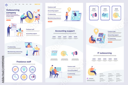 Outsourcing company flat landing page. IT outsourcing, freelancers recruitment corporate website design. Web banner with header, middle content, footer. Vector illustration with people characters.