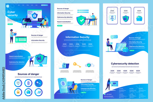 Cyber security flat landing page. Information security, data protection software corporate website design. Web banner with header, middle content, footer. Vector illustration with people characters. photo