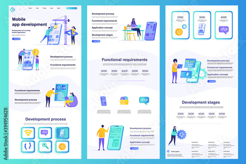 Mobile app development flat landing page. Smartphone application construct and testing corporate website. Web banner with header, middle content, footer. Vector illustration with people characters.