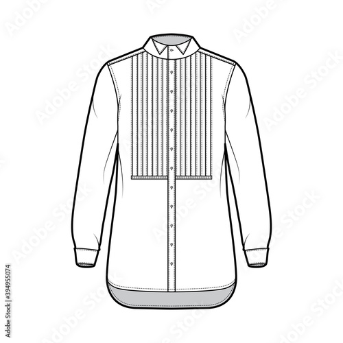 Shirt tuxedo dress technical fashion illustration with pleated pintucked bib, long sleeves with french cuff, wing collar, relax fit. Flat template front white color. Women men unisex top CAD mockup