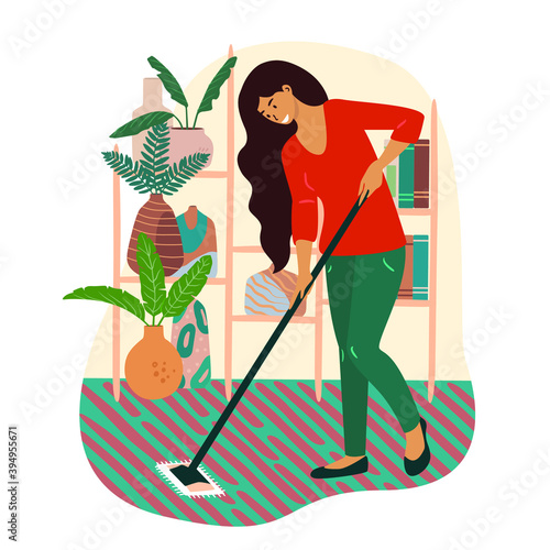 Flat vector illustration of a smiling housewife mopping the floor with a MOP. Happy young woman doing her homework. The concept of home activity and keeping the house clean.