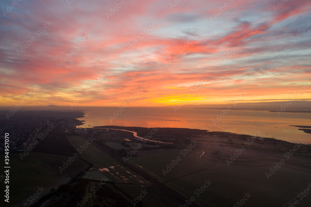 Ruins aerial view of Hadleigh castle at sunrise in Benfleet Essex, UK country side  